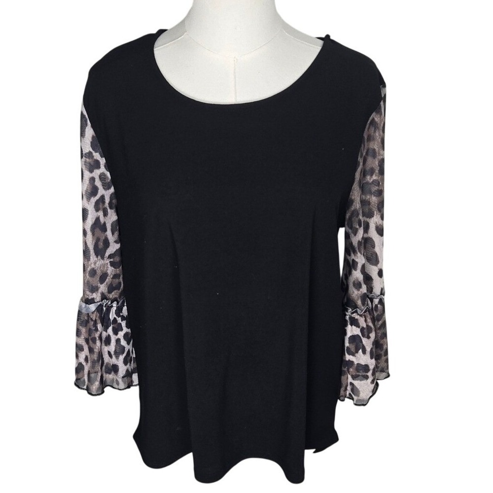 Love Scarlett Leopard Sheer Sleeve Blouse Womens L Black Bell Sleeve Tunic Top